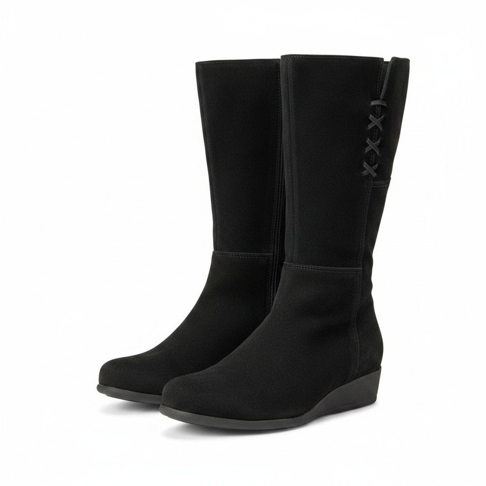 La Canadienne Black Suede Tall Wedge Boots Womens 9 Leather Lace Up Minimalist - Picture 1 of 9